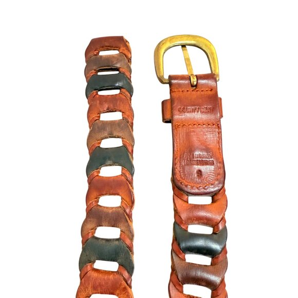 County Seat Multicolor Leather Belt Sz S Rustic Link Woven VTG 70s Brass Buckle